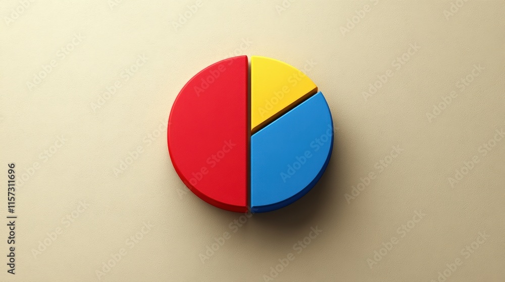 Fototapeta premium 3D pie chart divided into red, blue, and yellow sections against a beige background.