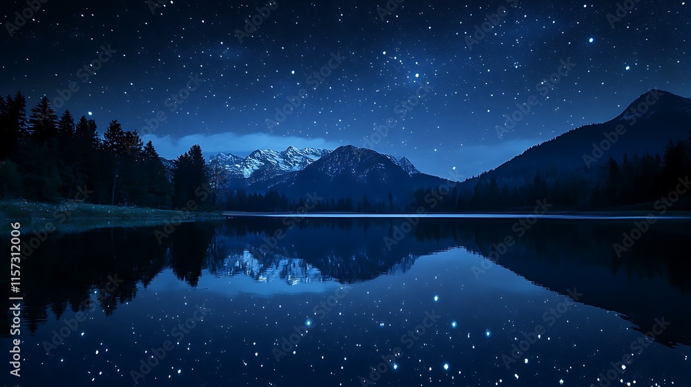Fototapeta premium Starry Night Over a Lake: Photograph a starry night sky reflected in a calm lake
