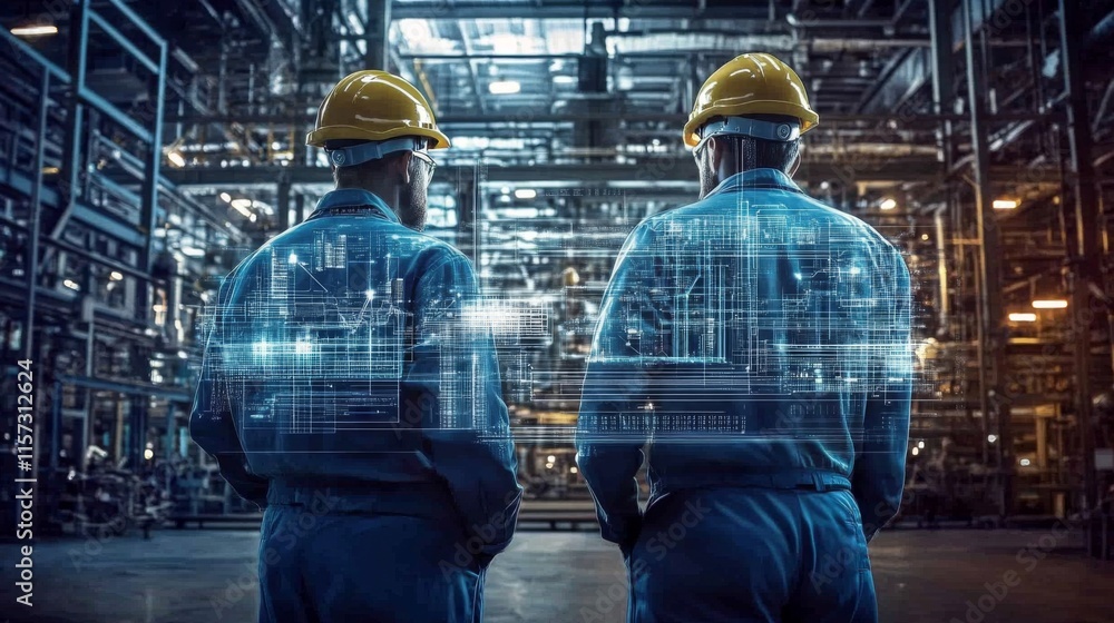 Two men wearing hard hats overalls standing large Digitalization of production: Two men wearing hard hats overalls standing large Digitalization of production: