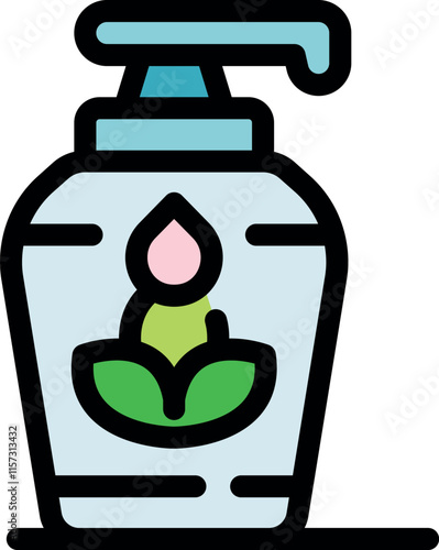 Eco friendly cosmetic product in a dispenser bottle, featuring a floral and drop logo, highlights natural ingredients photo