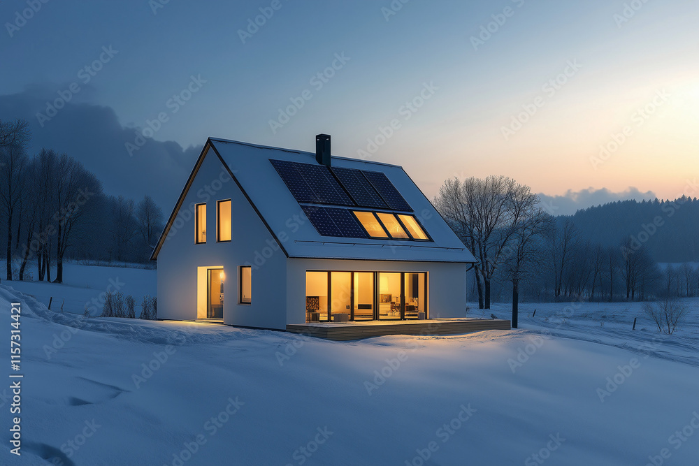 Modern house with solar panels in a serene snowy setting Modern house with solar panels in a serene snowy setting