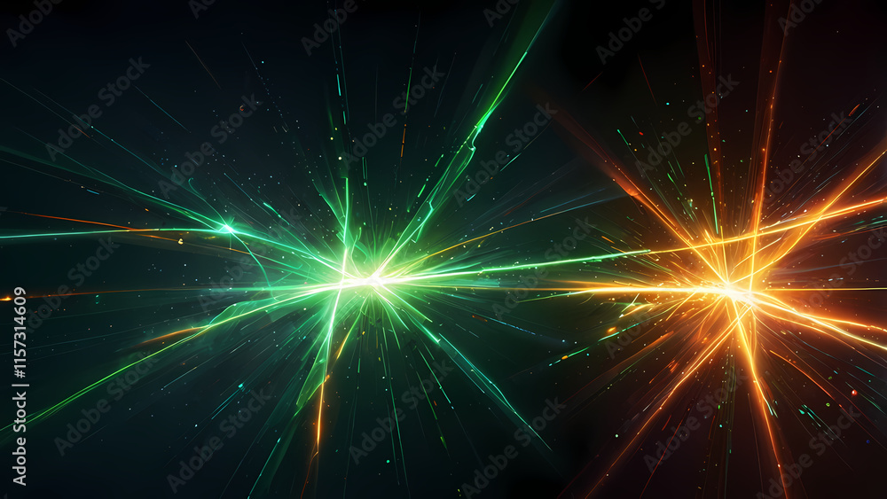 Fototapeta premium A dynamic plasma beam-themed background, where sharp, angular beams of fluorescent green and orange crisscross each other.