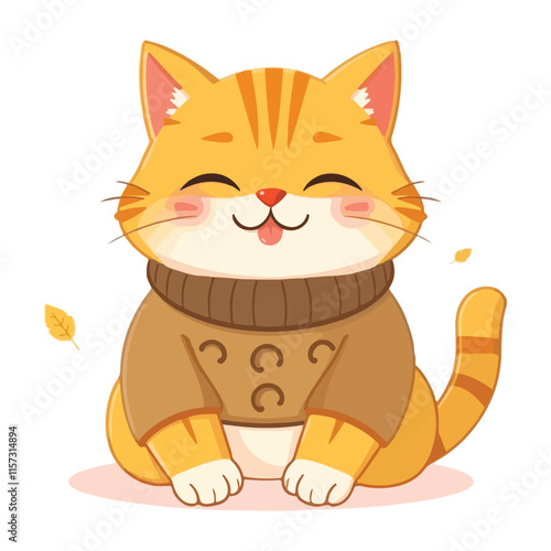 Cute funny cat in sweater, licking food from muzzle with tongue. Comic adorable kawaii feline pet, humor kitty sitting in clothing, eating. Flat vector illustration isolated on white