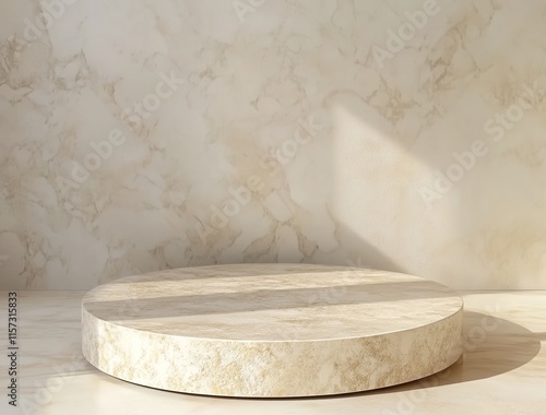 A round, flat podium made of light beige marble is placed on the floor in front of a textured cream wall with soft lighting casting gentle shadows.