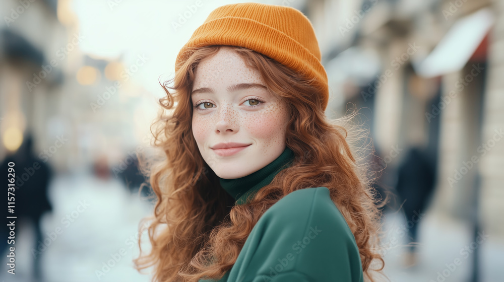 Woman with curly red hair wearing an orange beanie smiles in a busy city street during autumn afternoon Woman with curly red hair wearing an orange beanie smiles in a busy city street during autumn afternoon