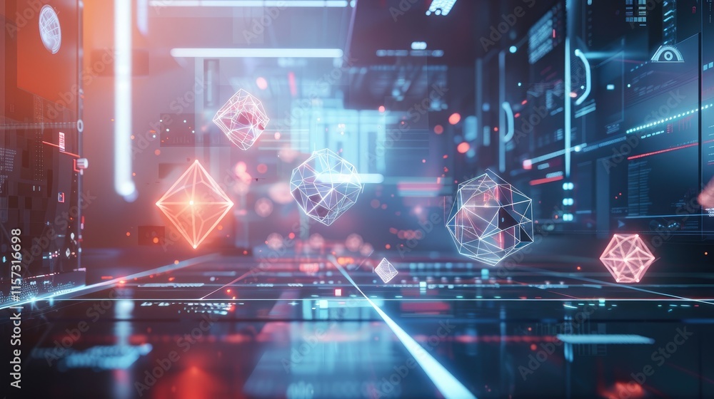 Obraz premium An abstract digital network with floating geometric shapes and holographic interfaces in a high-tech, futuristic environment