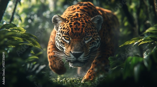 Majestic jaguar stalking through lush rainforest.