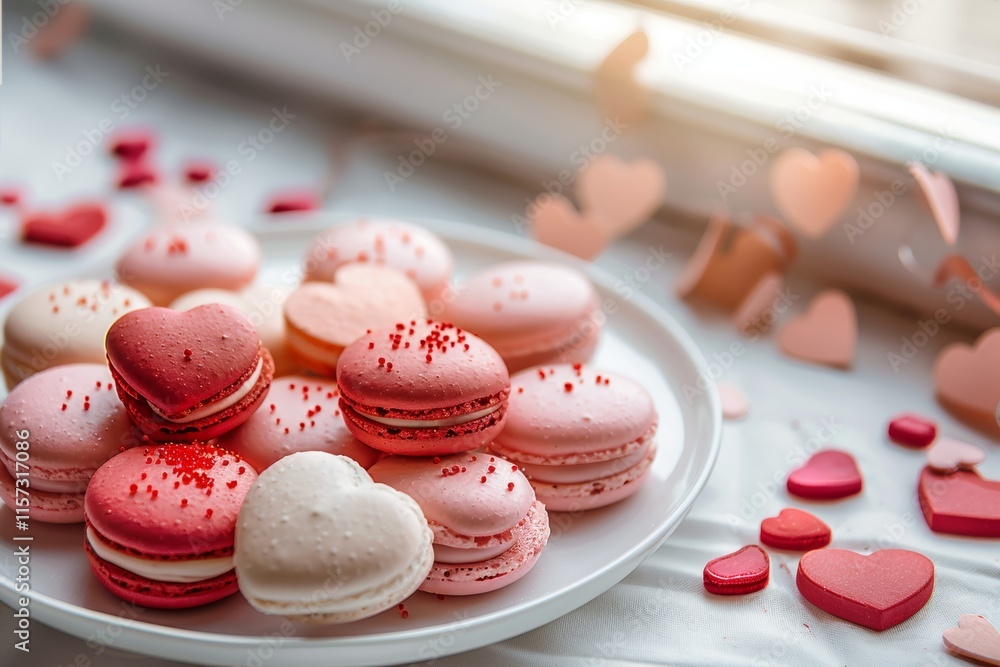 Fototapeta premium Heart-shaped macarons on light background