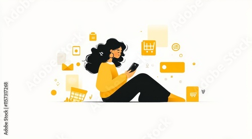 Young Woman Using Smartphone While Surrounded by Shopping Icons in a Vibrant, Minimalist Digital Illustration