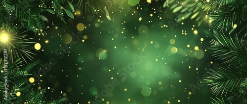 Green Festive Background Filled With Sparkling Lights and Pine Branches Celebrating the Holiday Season in a Cozy Atmosphere
