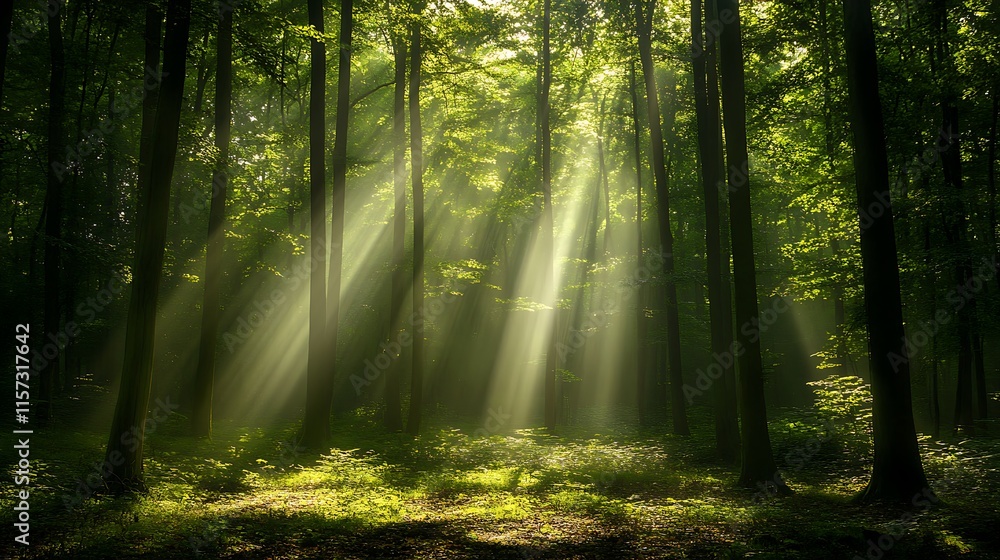 Obraz premium Sunbeams Through Trees: Photograph sunbeams filtering through the leaves of trees in a forest