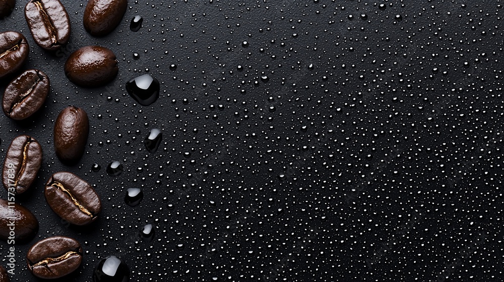 Roasted coffee beans with water droplets on dark background. Roasted coffee beans with water droplets on dark background.