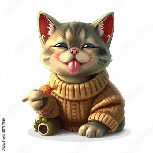 Cute funny cat in sweater, licking food from muzzle with tongue. Comic adorable kawaii feline pet, humor kitty sitting in clothing, eating. Flat vector illustration isolated on white