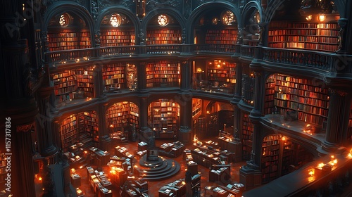 A grand circular library filled with countless books
