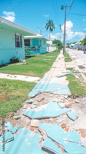 Damaged sidewalk and suburban houses after hurricane andrew in florida