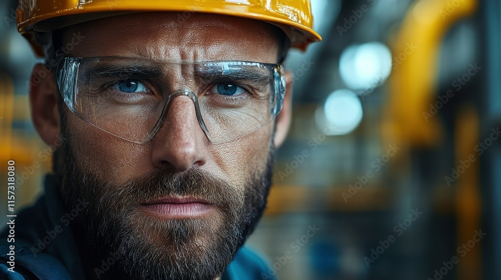 A focused engineer worker in safety gear, showcasing determination in an industrial setting. A focused engineer worker in safety gear, showcasing determination in an industrial setting.