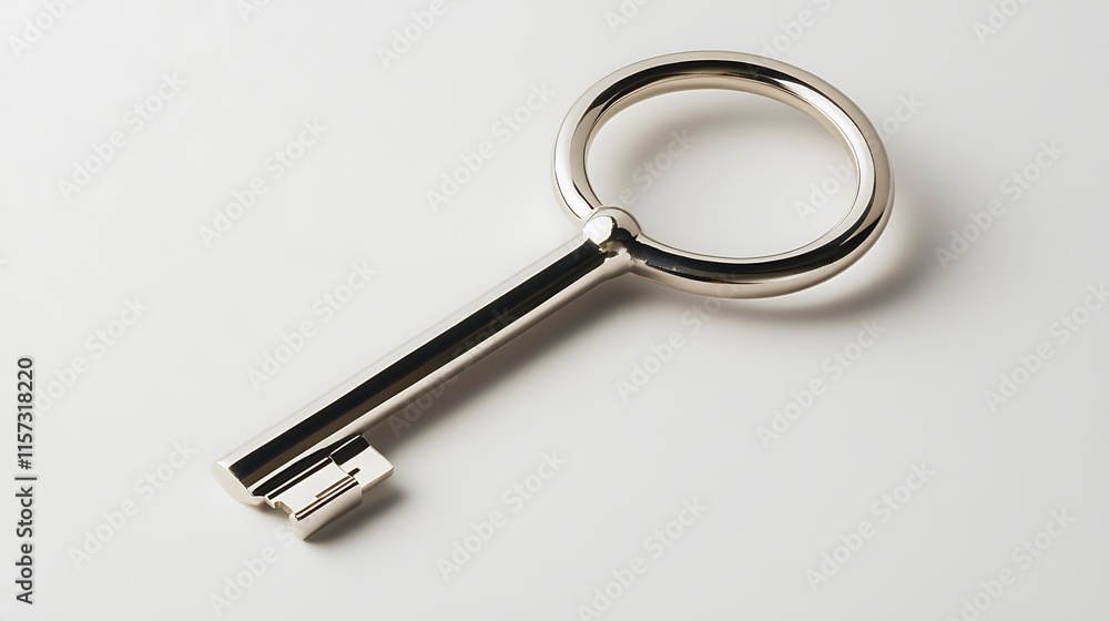 A silver key is displayed, lying on its side against a white background A silver key is displayed, lying on its side against a white background
