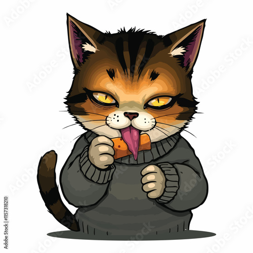 Cute funny cat in sweater, licking food from muzzle with tongue. Comic adorable kawaii feline pet, humor kitty sitting in clothing, eating. Flat vector illustration isolated on white