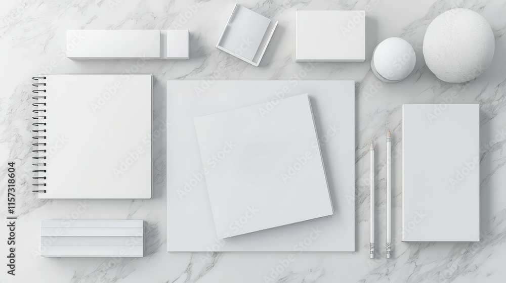 Minimalistic Flat Lay Arrangement of Blank Stationery and Office Supplies on Marble Minimalistic Flat Lay Arrangement of Blank Stationery and Office Supplies on Marble