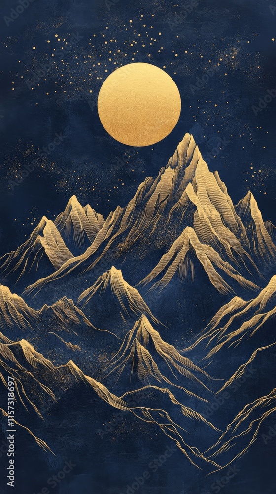 Minimalist Gold Line Art of Mountains on Blue Background Minimalist Gold Line Art of Mountains on Blue Background