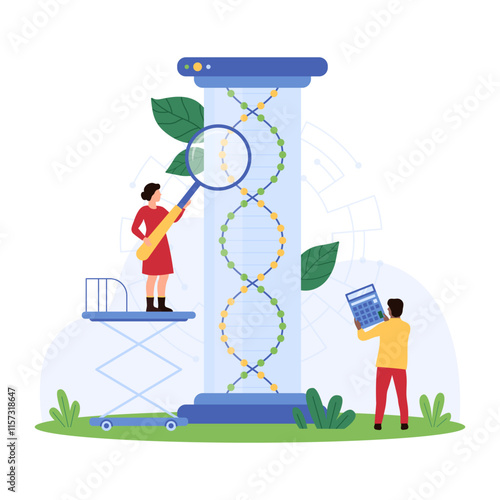 Scientists studying DNA structure. One uses a magnifying glass, another calculates data, and a large DNA model is in the background vector illustration.