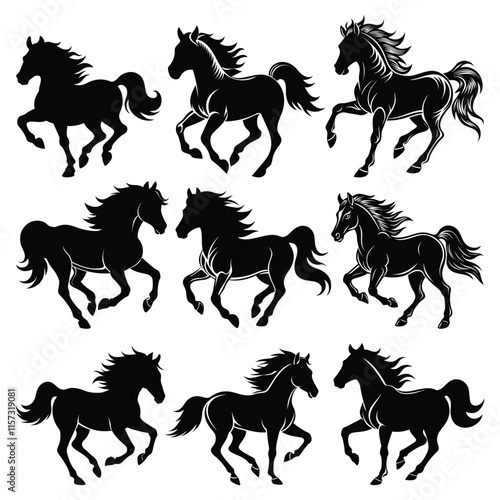 Black color Running horse silhouette vector art and illustration