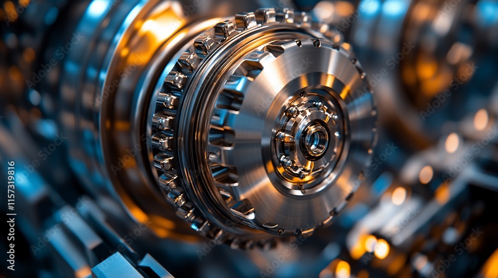 Close-up of intricate metallic gear mechanism. Close-up of intricate metallic gear mechanism.