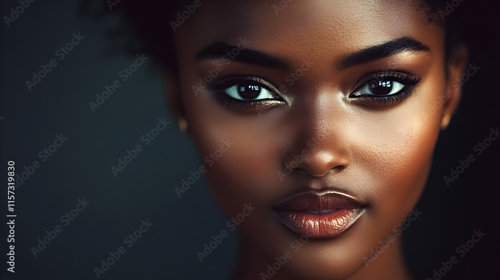 A beautiful fashion model of African descent looking straight at the camera in a dark-toned studio product photoshoot.concept for fashion and cosmetics product advertising, blending elegance, cultural A beautiful fashion model of African descent looking straight at the camera in a dark-toned studio product photoshoot.concept for fashion and cosmetics product advertising, blending elegance, cultural