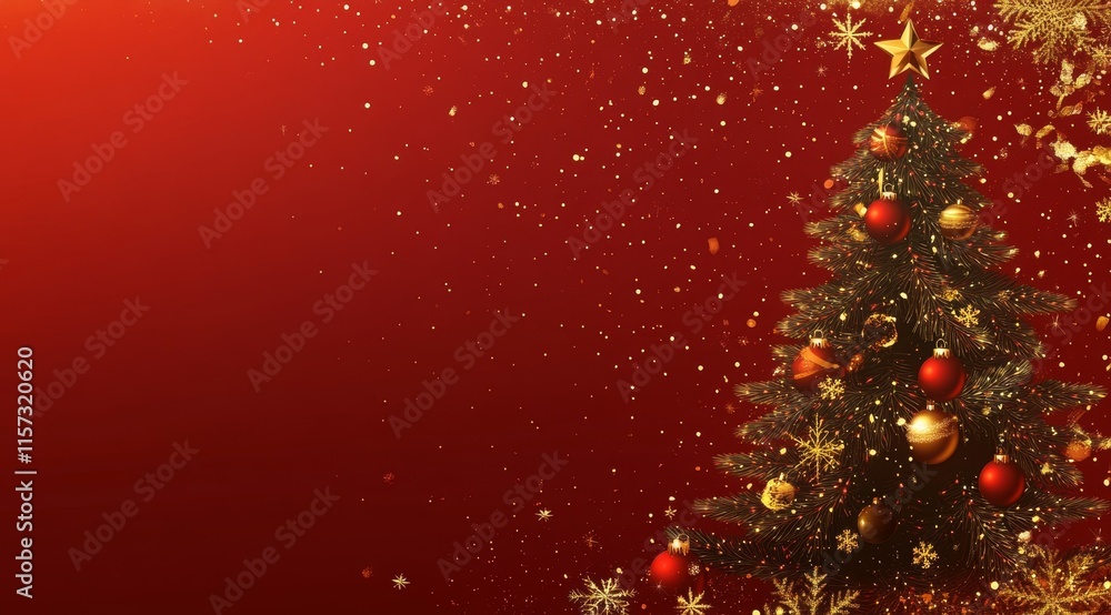 Festive Christmas Tree Decorated With Ornaments Against a Vibrant Red Background During the Holiday Season Festive Christmas Tree Decorated With Ornaments Against a Vibrant Red Background During the Holiday Season