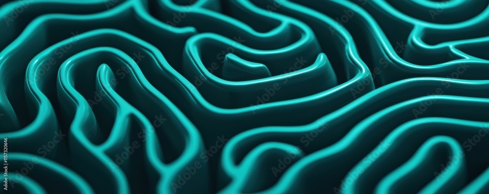 Optical Illusions and Perception Concepts. A close-up view of intricate, flowing lines resembling a maze, glowing in a vibrant teal color against a dark background. Optical Illusions and Perception Concepts. A close-up view of intricate, flowing lines resembling a maze, glowing in a vibrant teal color against a dark background.
