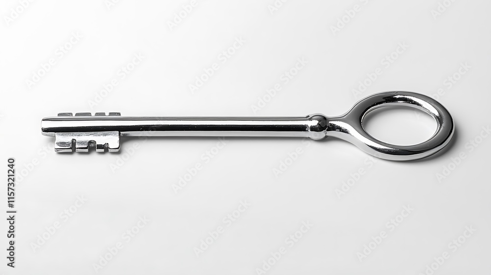 A silver key is displayed, lying on its side against a white background A silver key is displayed, lying on its side against a white background