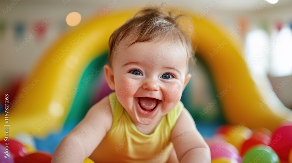 Happy Baby Playing in Colorful Ball Pit with Inflatable Slide in Background Happy Baby Playing in Colorful Ball Pit with Inflatable Slide in Background