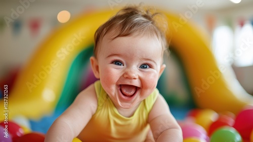 Happy Baby Playing in Colorful Ball Pit with Inflatable Slide in Background