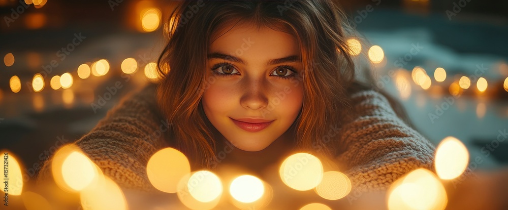 Young Woman Surrounded by Warm Fairy Lights, Peaceful and Serene Portrait Young Woman Surrounded by Warm Fairy Lights, Peaceful and Serene Portrait
