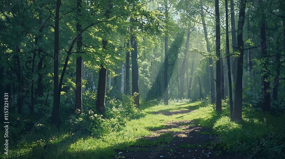 Fototapeta premium Sunlight filtering through the branches of a dense forest in early spring, illuminating the fresh green leaves and casting long shadows on the ground