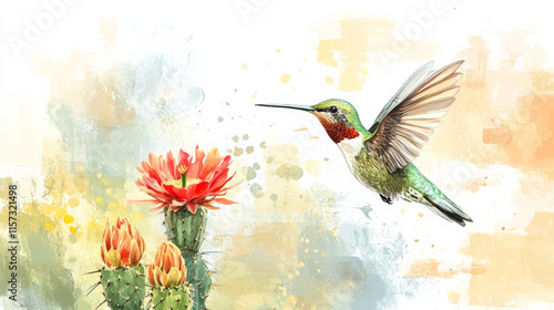 vibrant hummingbird hovers near blooming cactus flower in arid desert, surrounded by soft watercolor splashes, creating serene and artistic nature scene