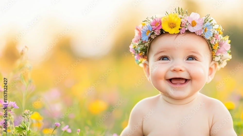 Joyful Baby with Flower Crown Smiling in a Colorful Meadow During Bright Sunny Day Joyful Baby with Flower Crown Smiling in a Colorful Meadow During Bright Sunny Day