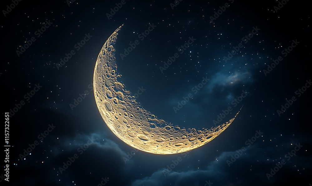 Fototapeta premium Crescent moon glowing in night sky. (1)