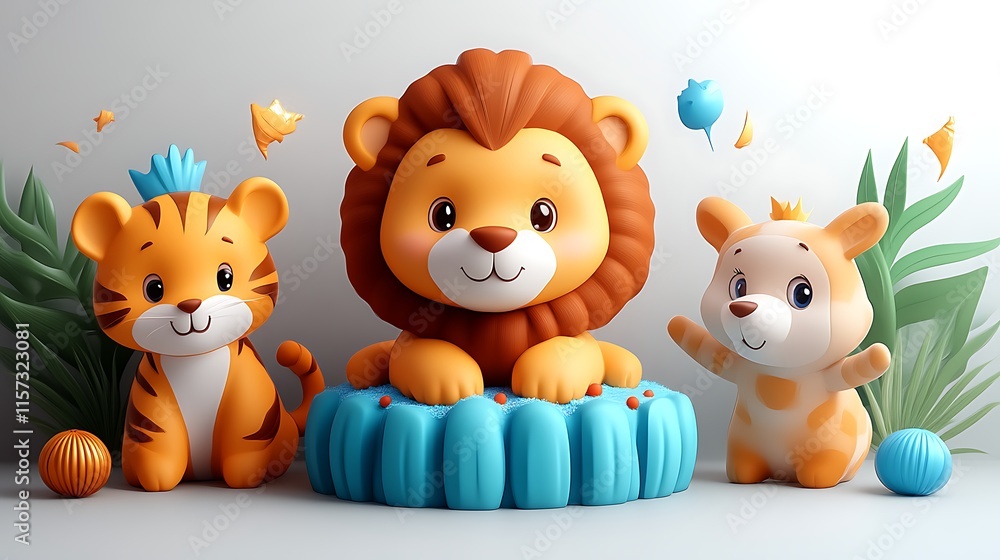 Naklejka premium Cute lion, tiger, and dog on cake.