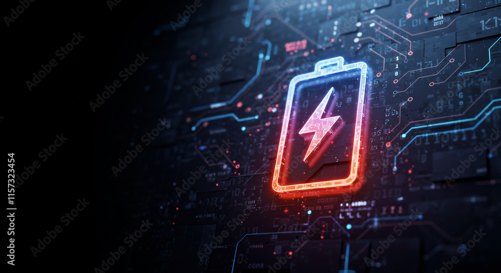 Digital Battery Icon with Lightning Bolt on High-Tech Circuit Background Digital Battery Icon with Lightning Bolt on High-Tech Circuit Background