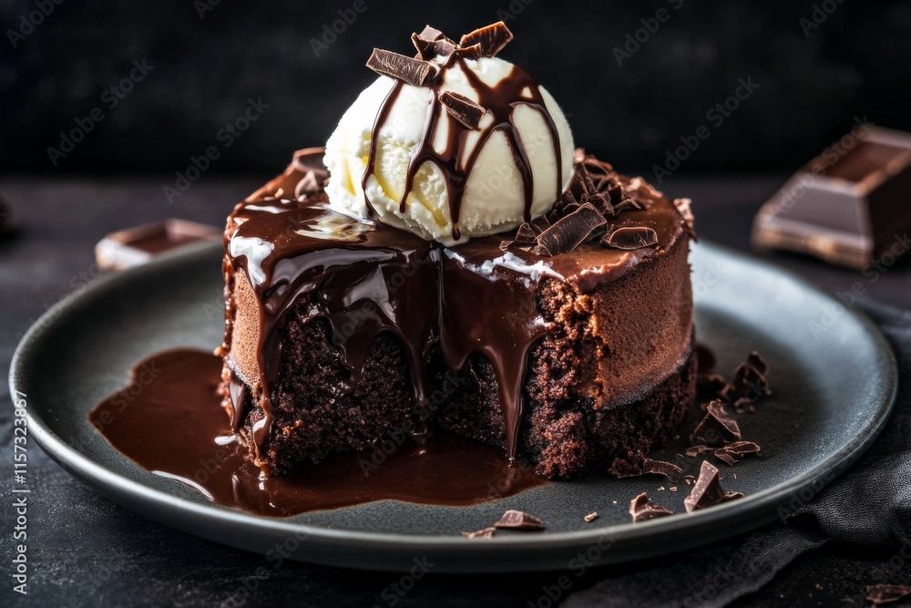Slice chocolate cake grey plate is rich dark Brownie with ice cream Slice chocolate cake grey plate is rich dark Brownie with ice cream