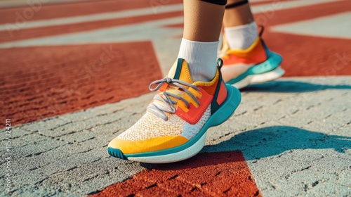 a man in bright sneakers confidently steps on a bright treadmill, demonstrating the joy of fitness and outdoor activities under a clear sky