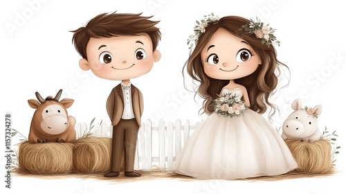 Cute cartoon bride and groom with farm animals.