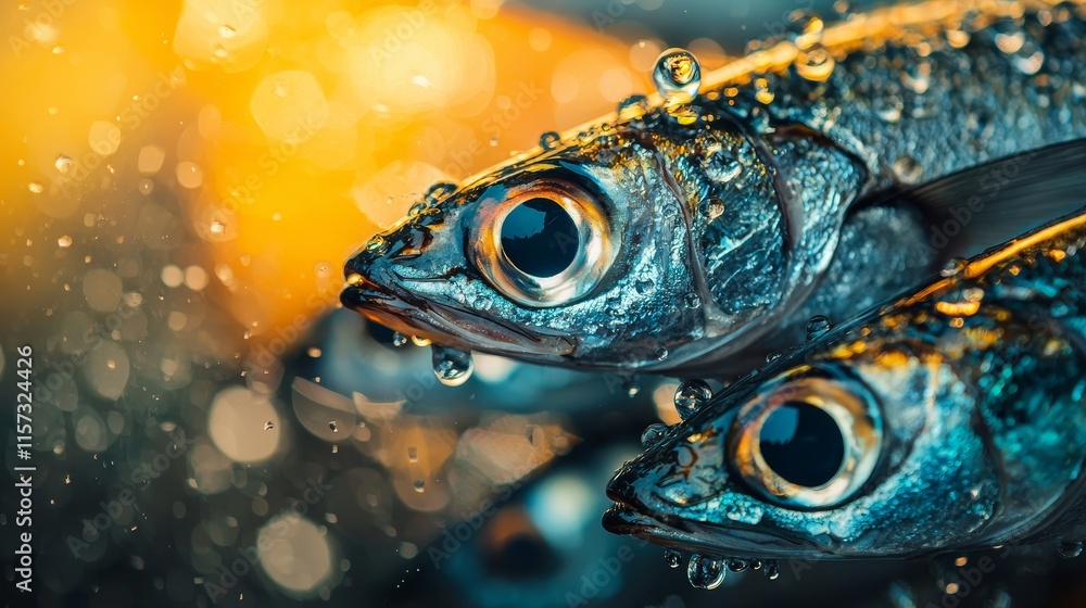 Macro Shot of Fresh Sardines with Seawater Droplets and Vibrant Background Macro Shot of Fresh Sardines with Seawater Droplets and Vibrant Background
