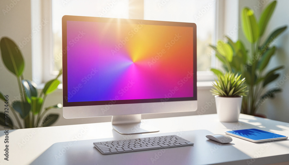 Fototapeta premium Vibrant isometric computer mockup in modern workspace, digital creativity