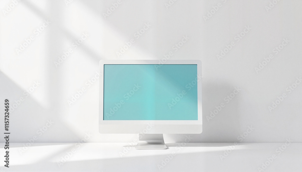 Fototapeta premium Isometric computer mockup in minimalist office space, corporate design