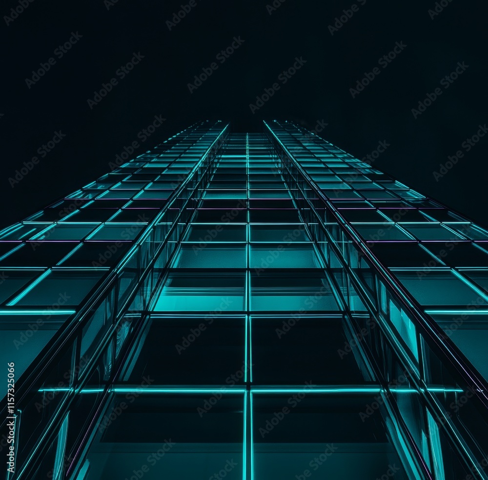 Fototapeta premium Vertical View of a Modern Skyscraper's Glass Facade Illuminated With Blue Neon Lighting at Night Showcasing Urban Architecture