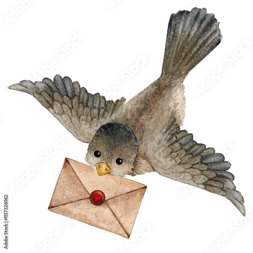Little brown bird with a kraft paper postal envelope in its beak. Isolated watercolor illustration for Valentine's Day, Birthday. Love message. Design element for card, greeting, poster, etc.

