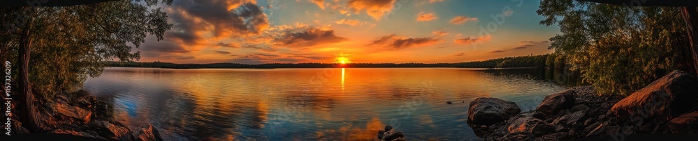 Golden Sunset Over Tranquil Lake With Reflections and Clouds in the Sky Creating a Serene Evening Atmosphere Near a Forested Area Golden Sunset Over Tranquil Lake With Reflections and Clouds in the Sky Creating a Serene Evening Atmosphere Near a Forested Area