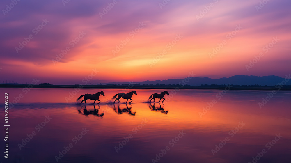 serene moment of four horses galloping along calm water surface at sunset, creating beautiful reflection in water serene moment of four horses galloping along calm water surface at sunset, creating beautiful reflection in water